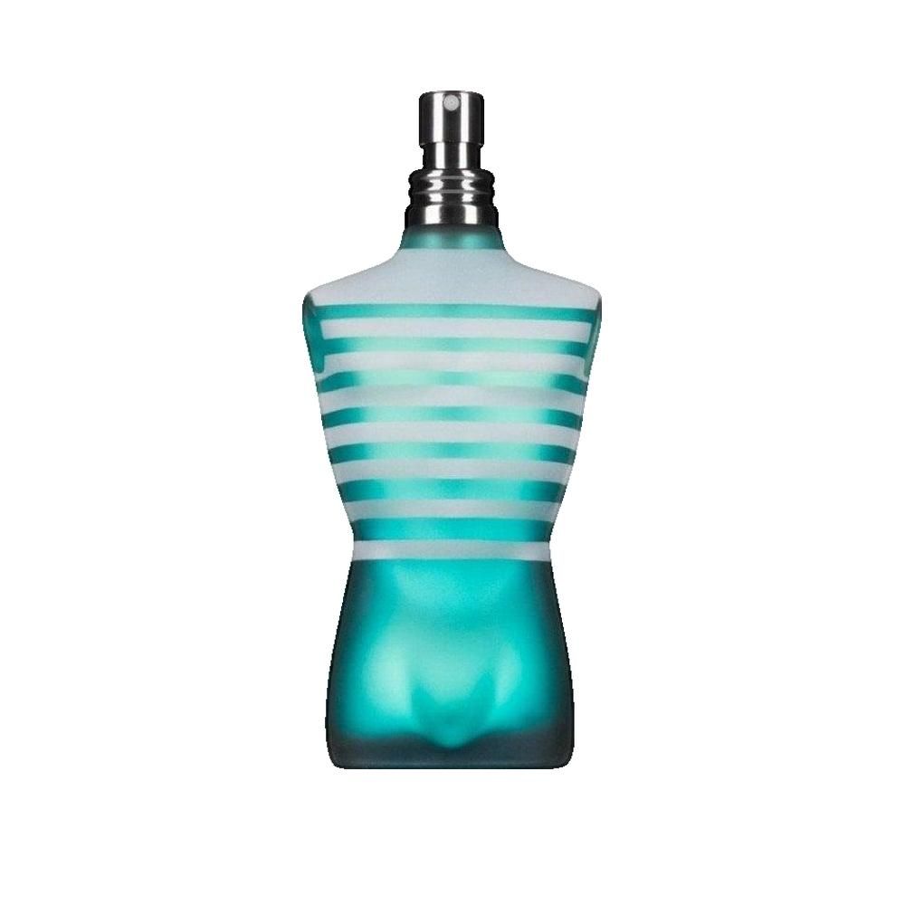 Flacon en forme de torse, turquoise transparent avec rayures blanches. Tête de pulvérisation argentée. Inscription illisible.