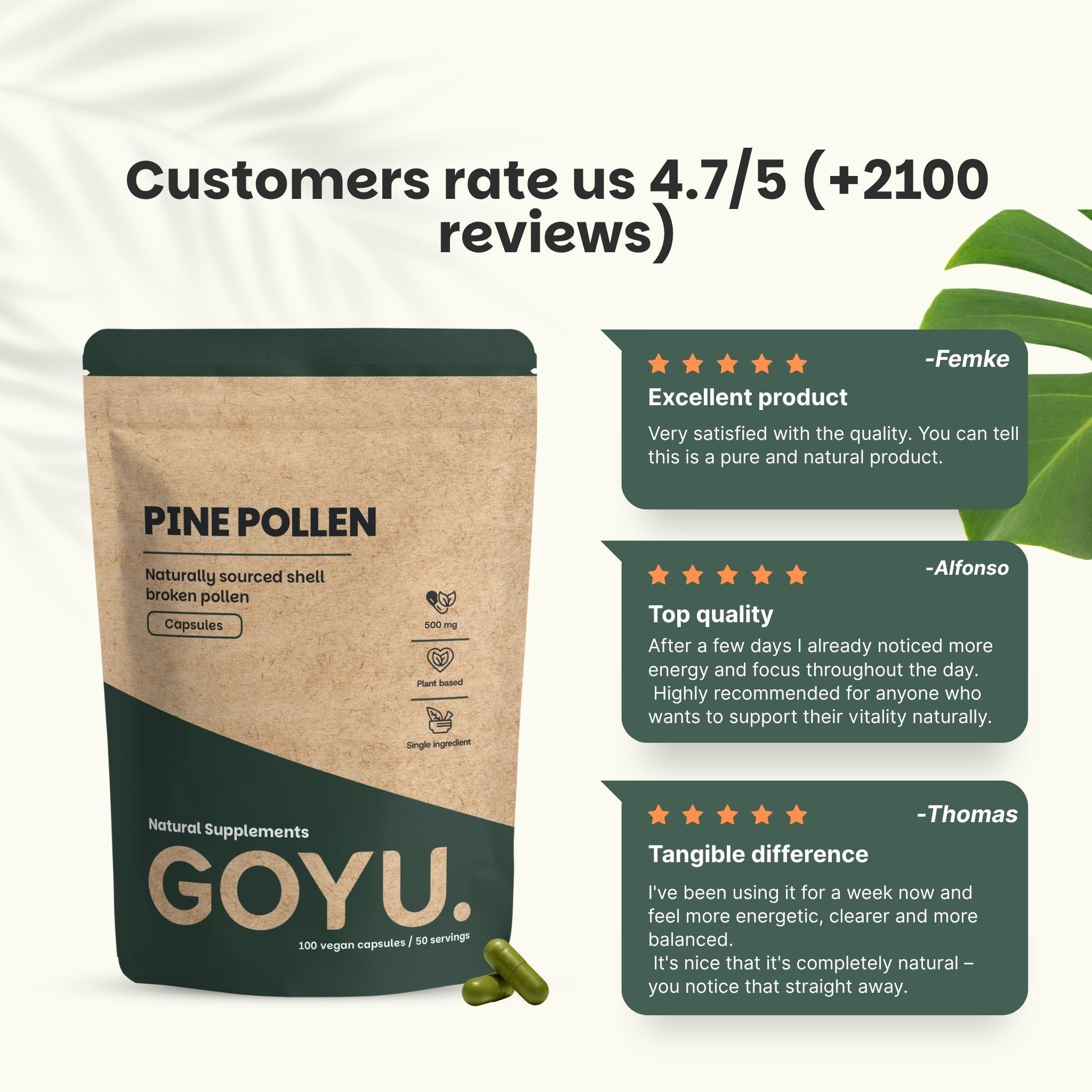 Comparaison : Nos capsules de pollen de pin (pochette kraft, testée, Pays-Bas, végétalienne) vs. Autres fournisseurs (plastique, non testé, hors UE, gélatine).