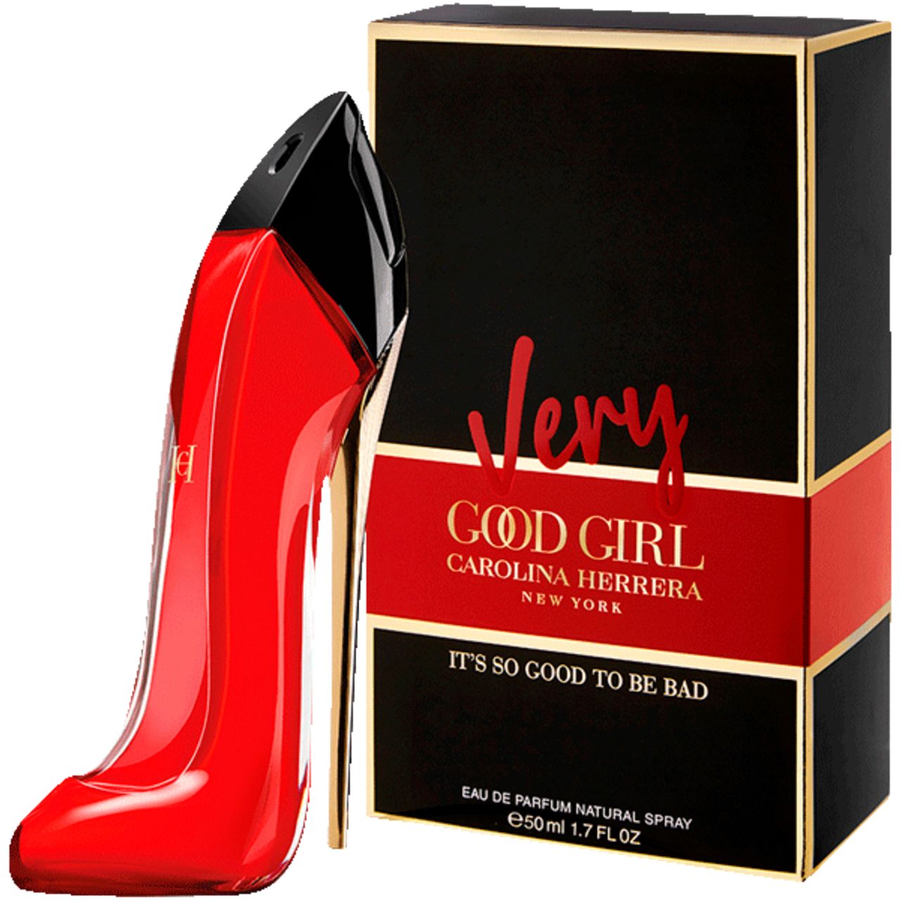 Parfum féminin rouge en forme de talon aiguille à côté d'une boîte cadeau noire et rouge avec texte.