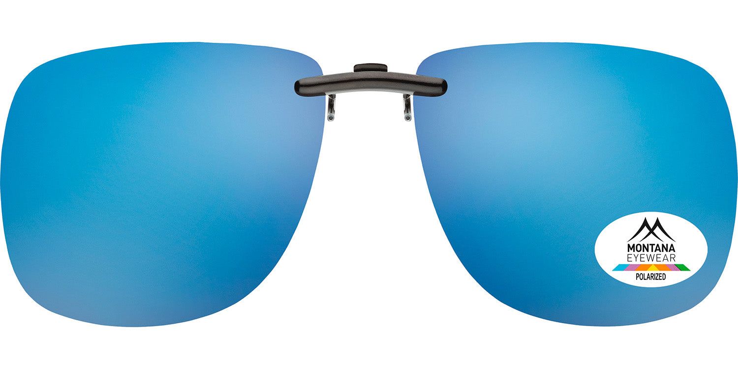 Clip-on lunettes de soleil bleues. Monture noire. Logo Montana Eyewear avec indication de polarisation.