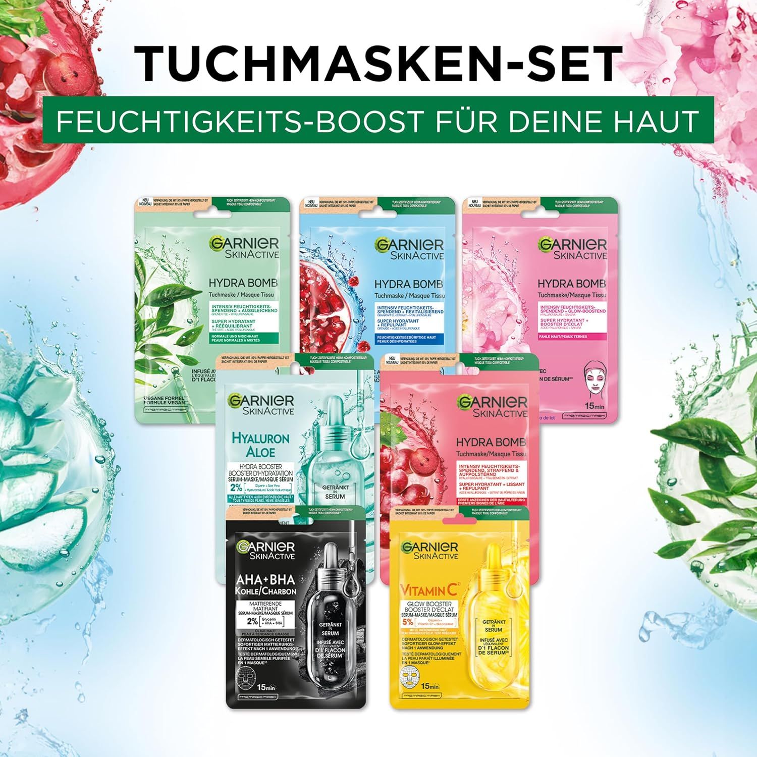 Coffret de masques en tissu Garnier SkinActive avec 7 masques différents. Texte : Boost d'hydratation pour votre peau. Emballages individuels.
