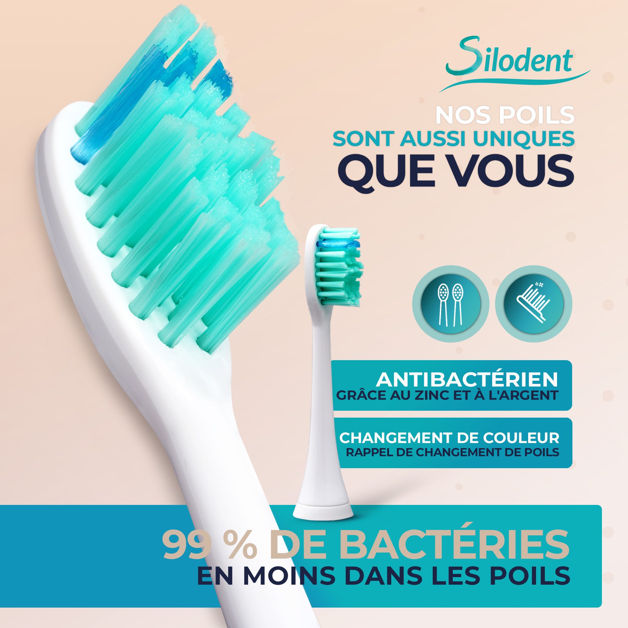 Gros plan de la tête de brosse d'une brosse à dents sonique Silodent avec poils antibactériens.