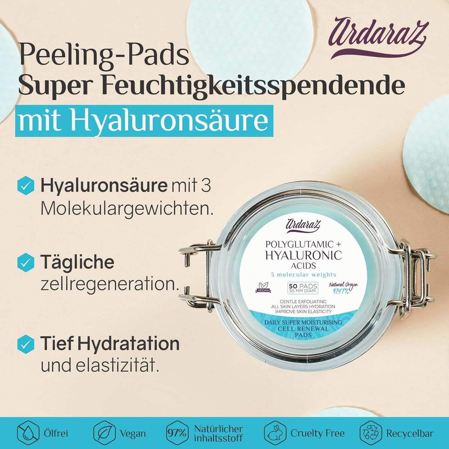 Ardaraz Peeling-pads met hyaluronzuur in een glazen pot. 50 pads.