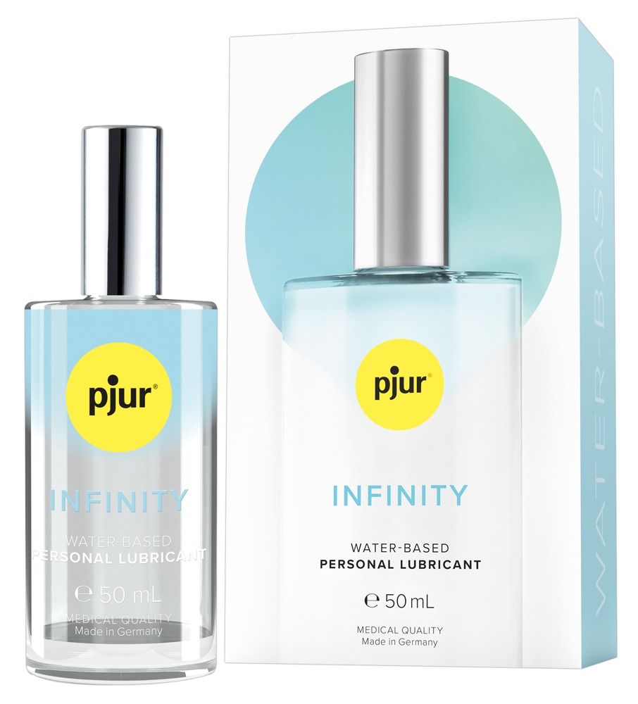 Flacon en verre transparent avec bouchon argenté. Inscriptions: pjur, INFINITY, à base d'eau, 50 ml. Emballage blanc.