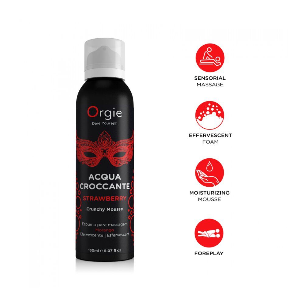 Zwarte fles met witte spraykop. Opschrift: Orgie, Acqua Croccante Strawberry, Crunchy Mousse. Rood masker ontwerp.