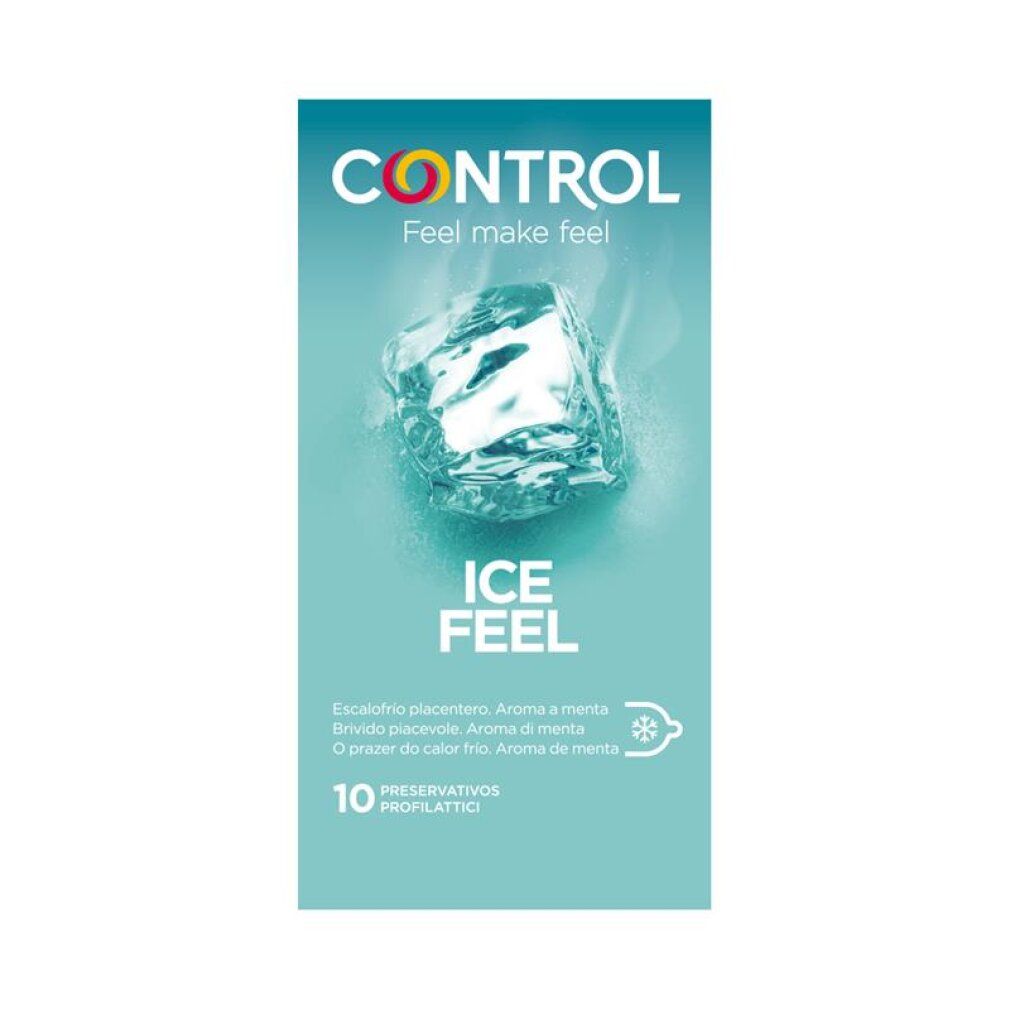 Avant de la boîte Control Ice Feel avec un design de glaçon.