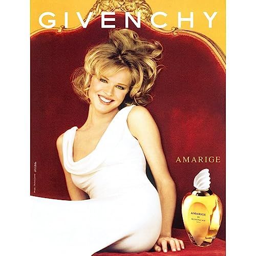 Reclame met vrouw in witte jurk, naast parfumfles. Opschrift "GIVENCHY" en "AMARIGE".