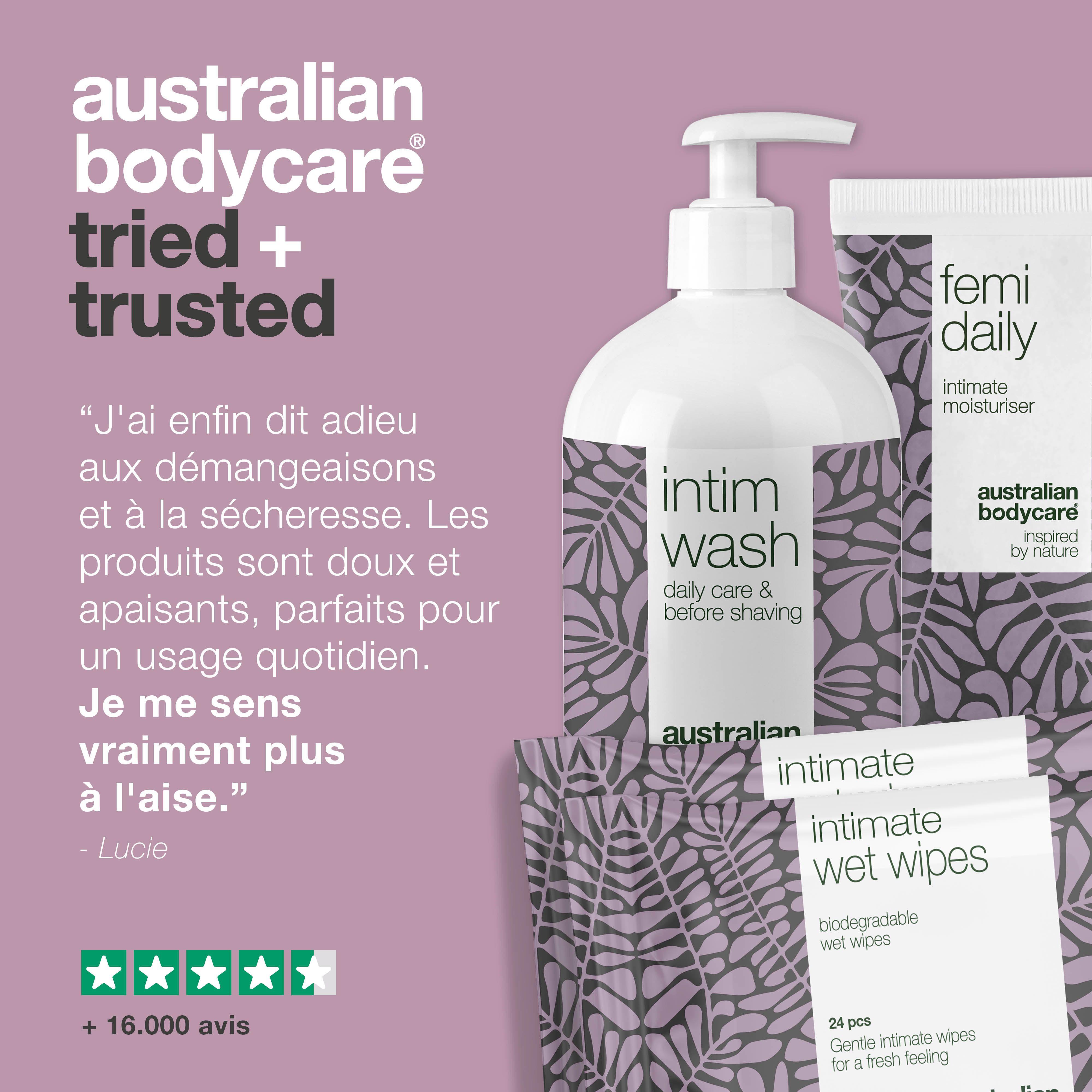 Graphique : Australian Bodycare, essayé et approuvé. Produits de soins intimes. Texte et étoiles.