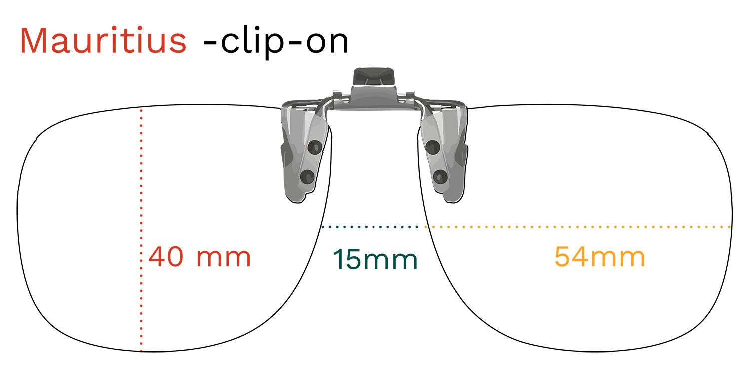 Lunettes de soleil à clipser avec verres bruns. Dimensions : 40 mm, 15 mm, 54 mm. Nom du produit : Mauritius -clip-on.
