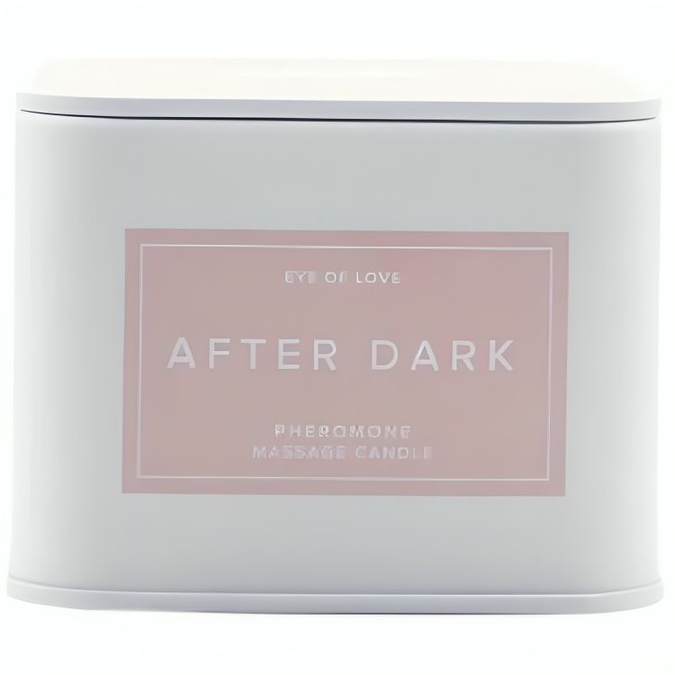 Witte massagekaars in blik met etiket 'After Dark', Pheromone Massage Candle.