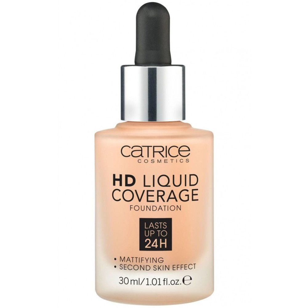 Fond de teint liquide HD, flacon en verre avec pipette. Inscription: Catrice, HD Liquid Coverage Foundation, matifiant, 30ml.