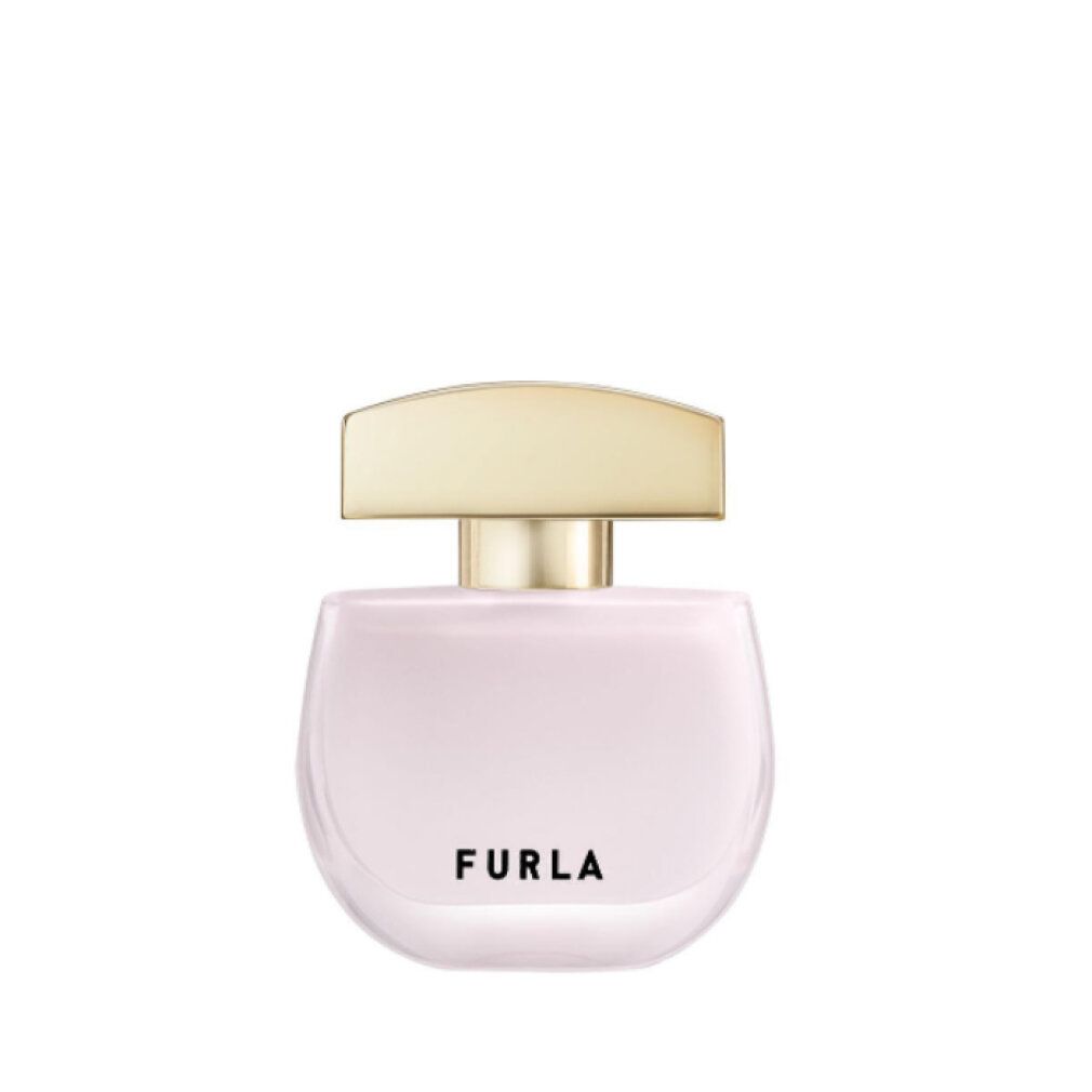 Ronde, lichtroze parfumfles met een gouden dop en het opschrift FURLA.