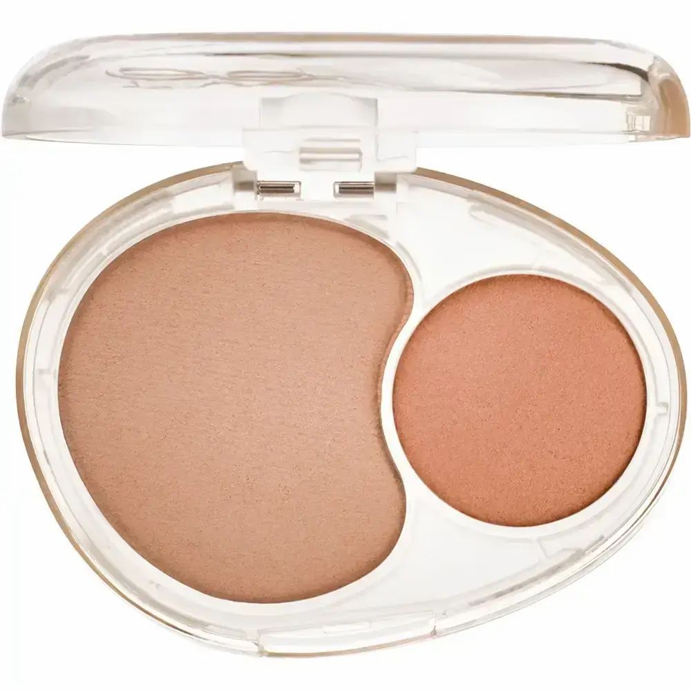 Tweekleurige blush in een ovale, transparante verpakking. Bevat twee tinten: een lichter en een donkerder roze.