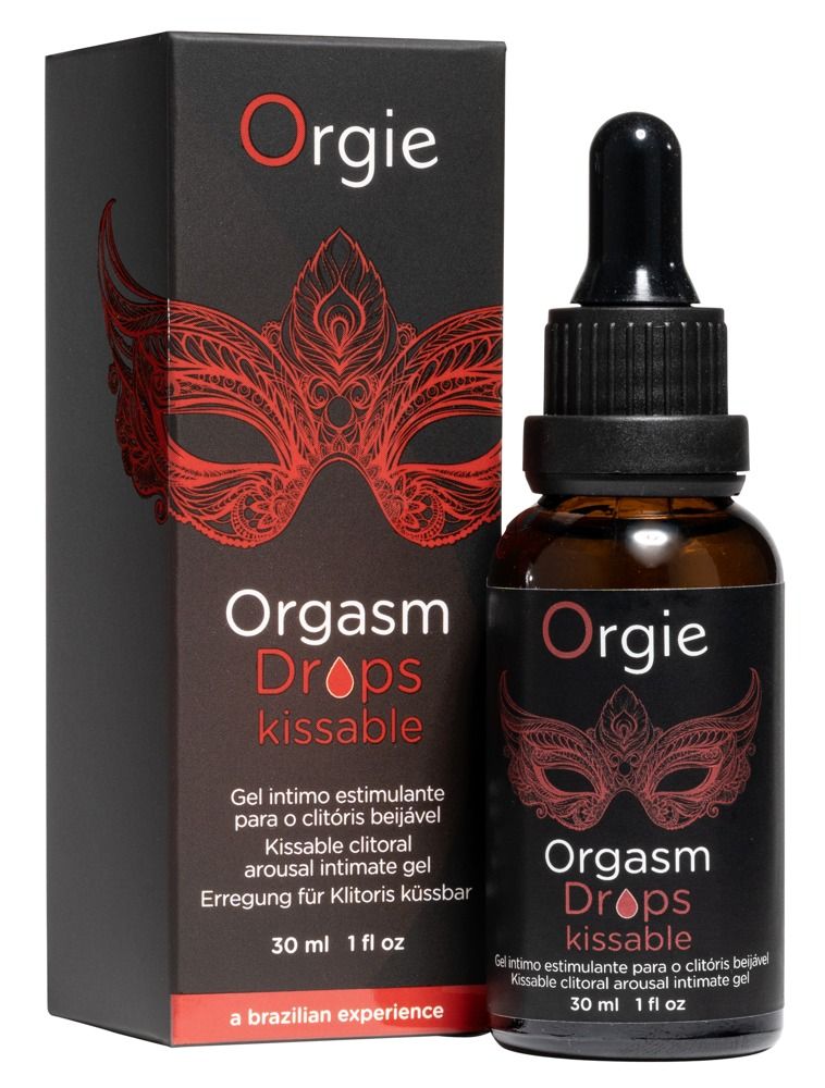 Flacon et boîte Orgie Orgasm Drops Kissable. Verre foncé, design de masque rouge.