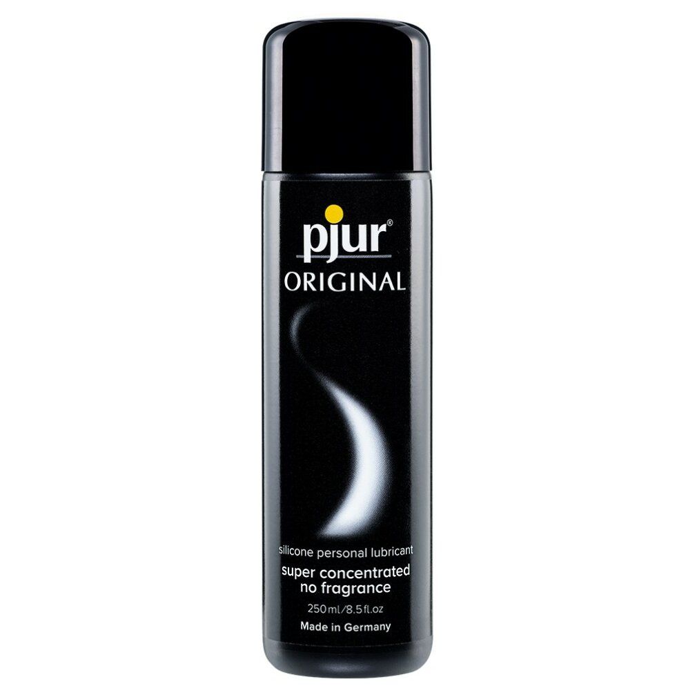 Flacon noir avec logo jaune "pjur ORIGINAL". Texte: SILICONE personal lubricant, super concentrated no fragrance, 250ml/8.5 fl.oz, Made in Germany.