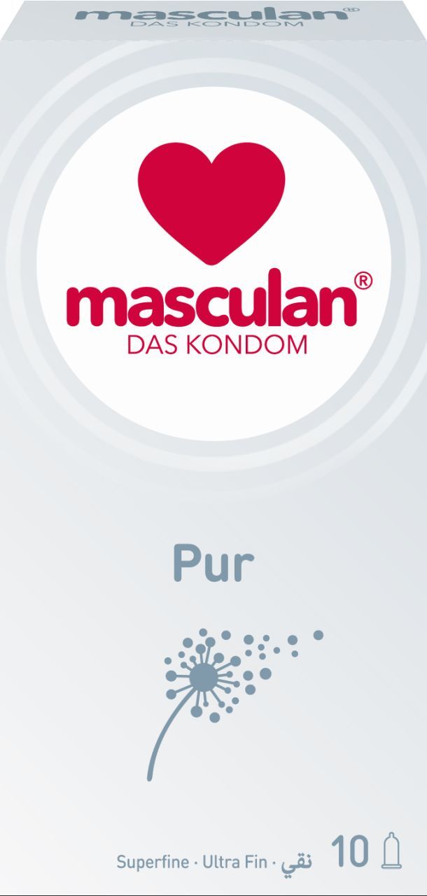 Emballage de préservatifs Masculan. Fond blanc avec cœur rouge et logo de la marque. Texte : Pur, Superfine, 10 pièces.