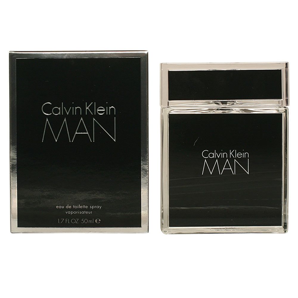 Flacon et boîte noirs. Inscription Calvin Klein MAN. Eau de Toilette Spray. 50ml.