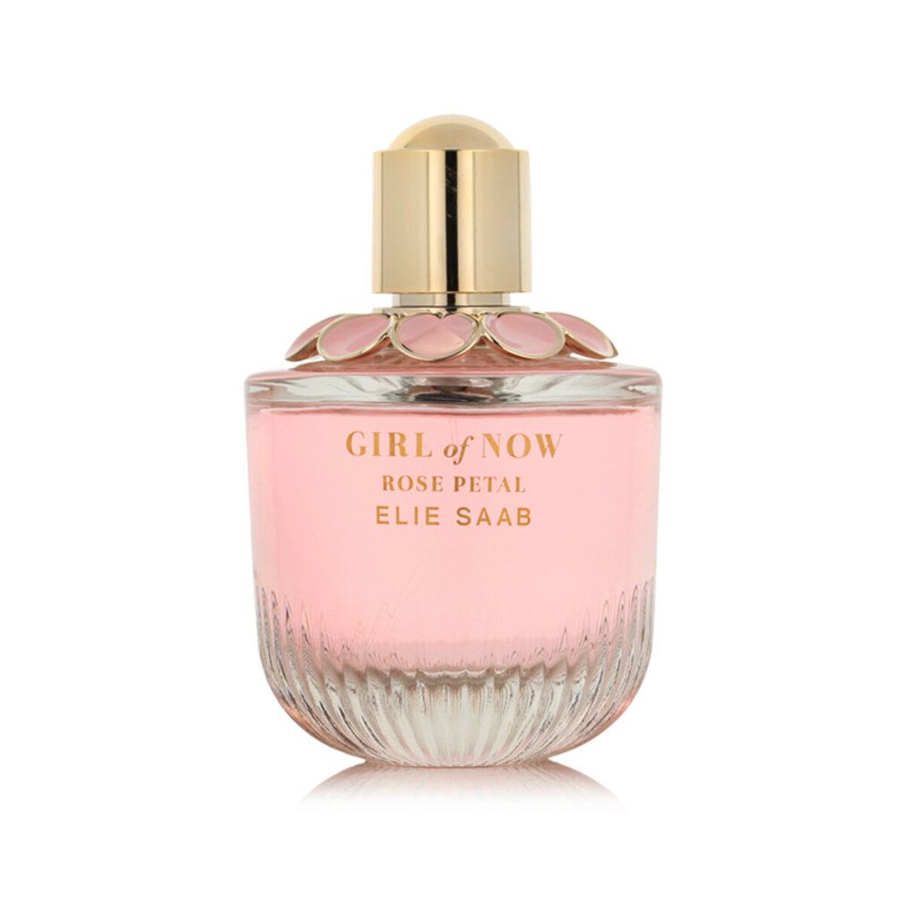 Flacon spray naturel Elie Saab Girl of Now Rose Petal Eau de Parfum avec bouchon doré et application florale.