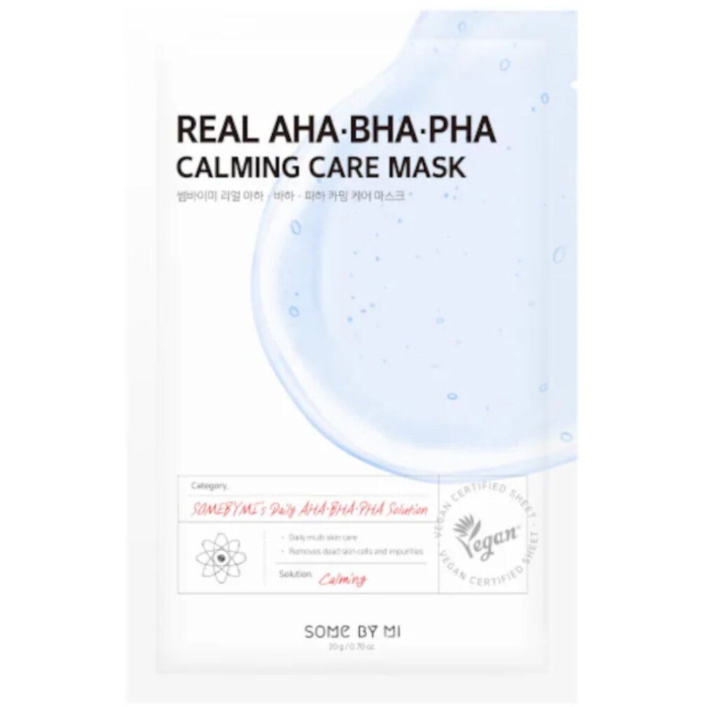 SOMEBYMI Real AHA-BHA-PHA Calming Care Mask, enkele verpakking met Vegan-certificering.