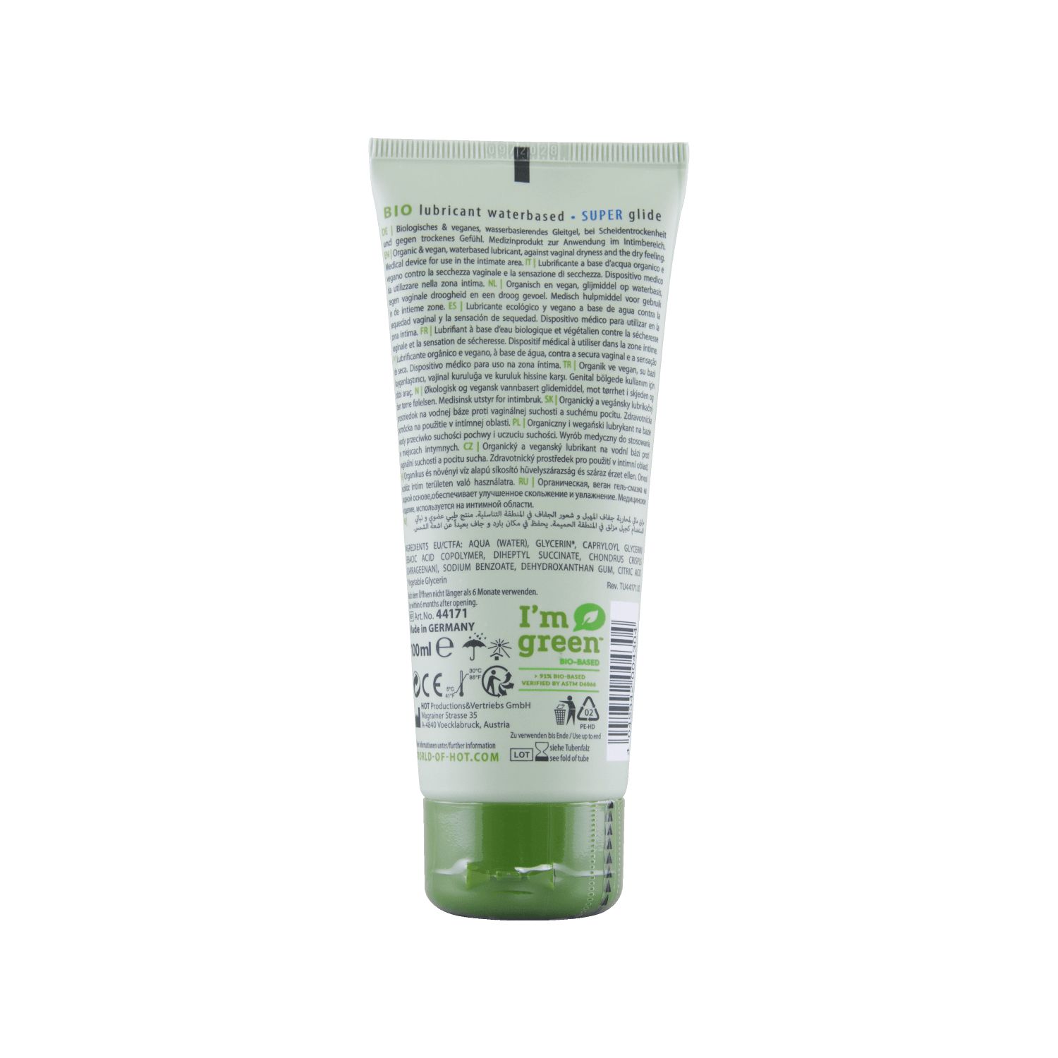 Achterkant van een HOT Bio Super glijmiddel tube met ingrediënten en certificeringen.
