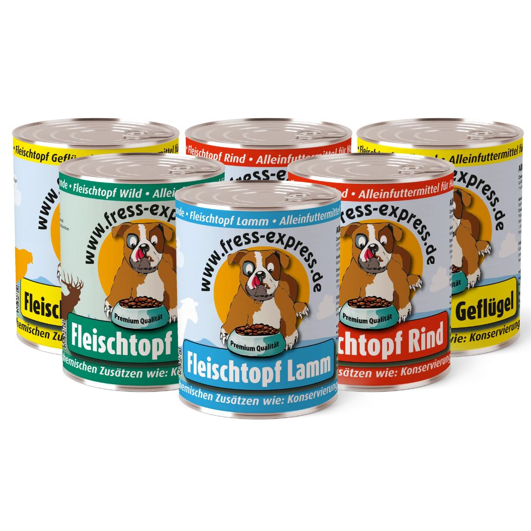 Six boîtes de nourriture pour chiens. Inscriptions : Fleischtopf, fress-express.de. Différentes saveurs : gibier, bœuf, agneau, volaille. Images de chiens.