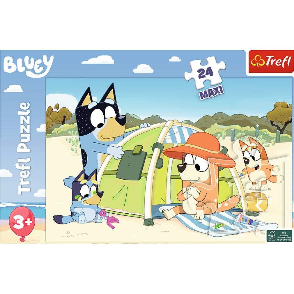 Puzzelverpakking. Bluey-puzzel met 24 Maxi-stukken. Figuren op het strand. Logo's: Bluey, Trefl, 3+.