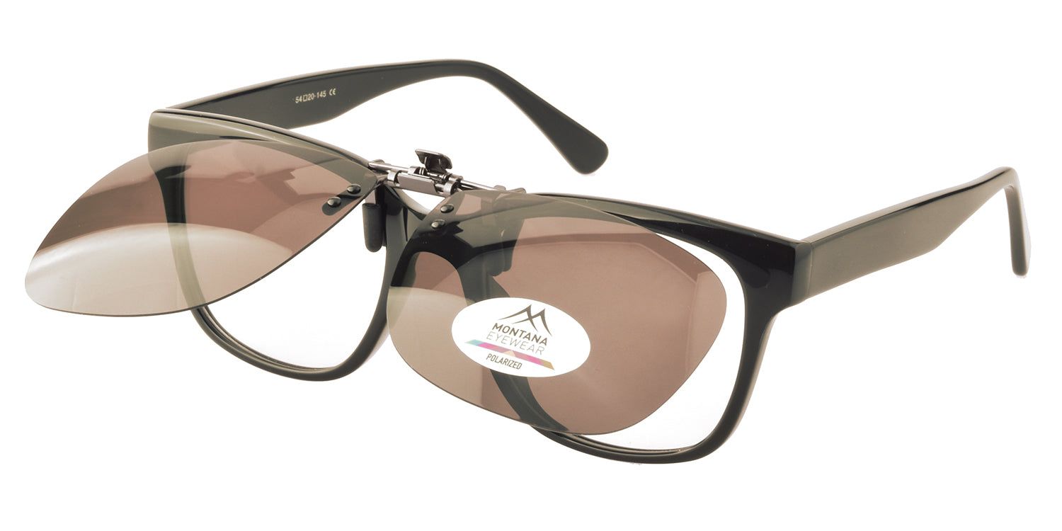 Zwarte bril met bruine clip-on zonnebril. Logo "MONTANA EYEWEAR POLARIZED".