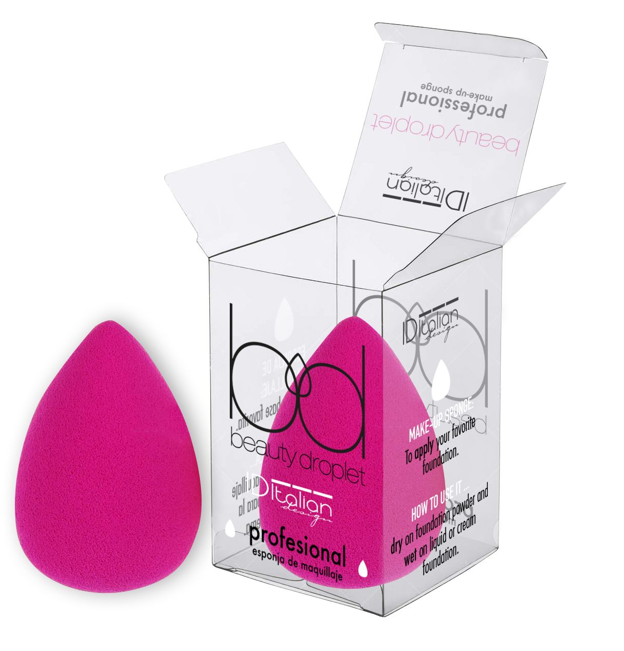 Roze make-upspons in druppelvorm. In transparante verpakking met tekst 'beauty droplet'.