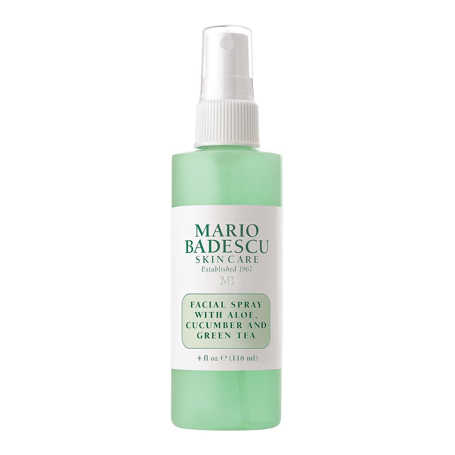 Mario Badescu gezichtsspray met aloë, komkommer en groene thee, doorzichtige spuitfles.