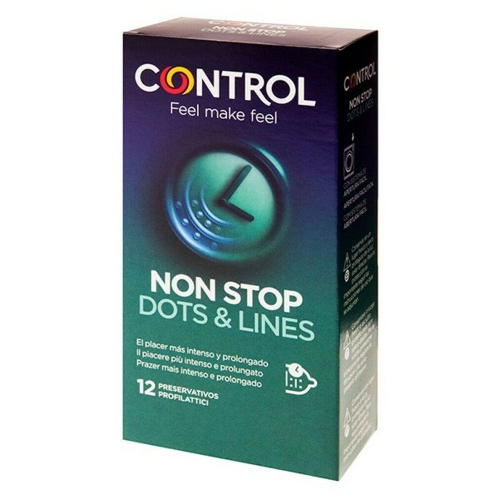 Boîte de préservatifs Control Non Stop Dots & Lines. 12 préservatifs. Boîte verte et bleue avec logo et nom.