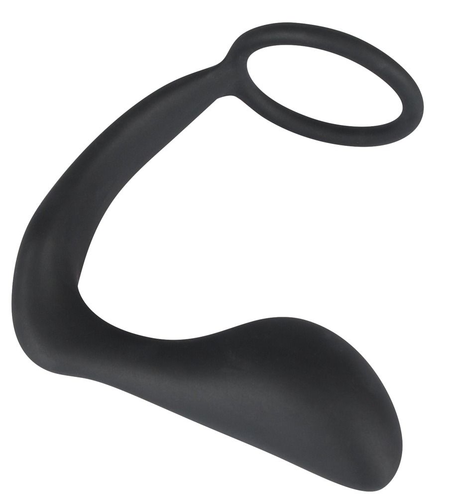Anneau pénien noir avec plug en silicone.
