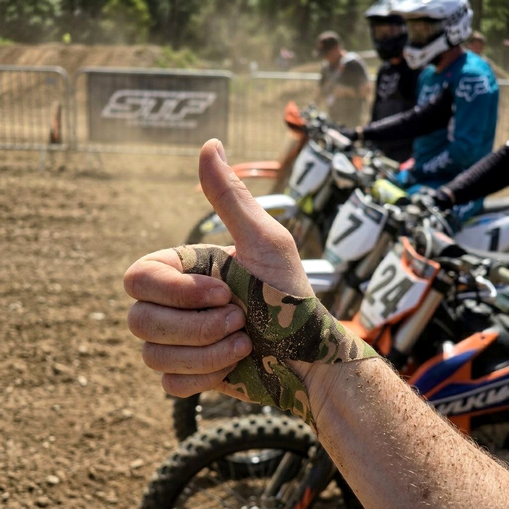 Main avec bande adhésive camouflage, pouce levé, arrière-plan de motocross.