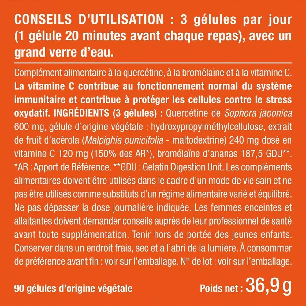 Texte avec conseils d'utilisation: 3 gélules par jour. Ingrédients: Quercétine, bromélaïne, vitamine C. 90 gélules.