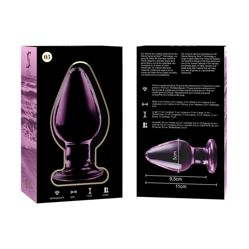 Emballage et plug anal en verre rose. Le plug mesure 11 cm de long, 5 cm de large.