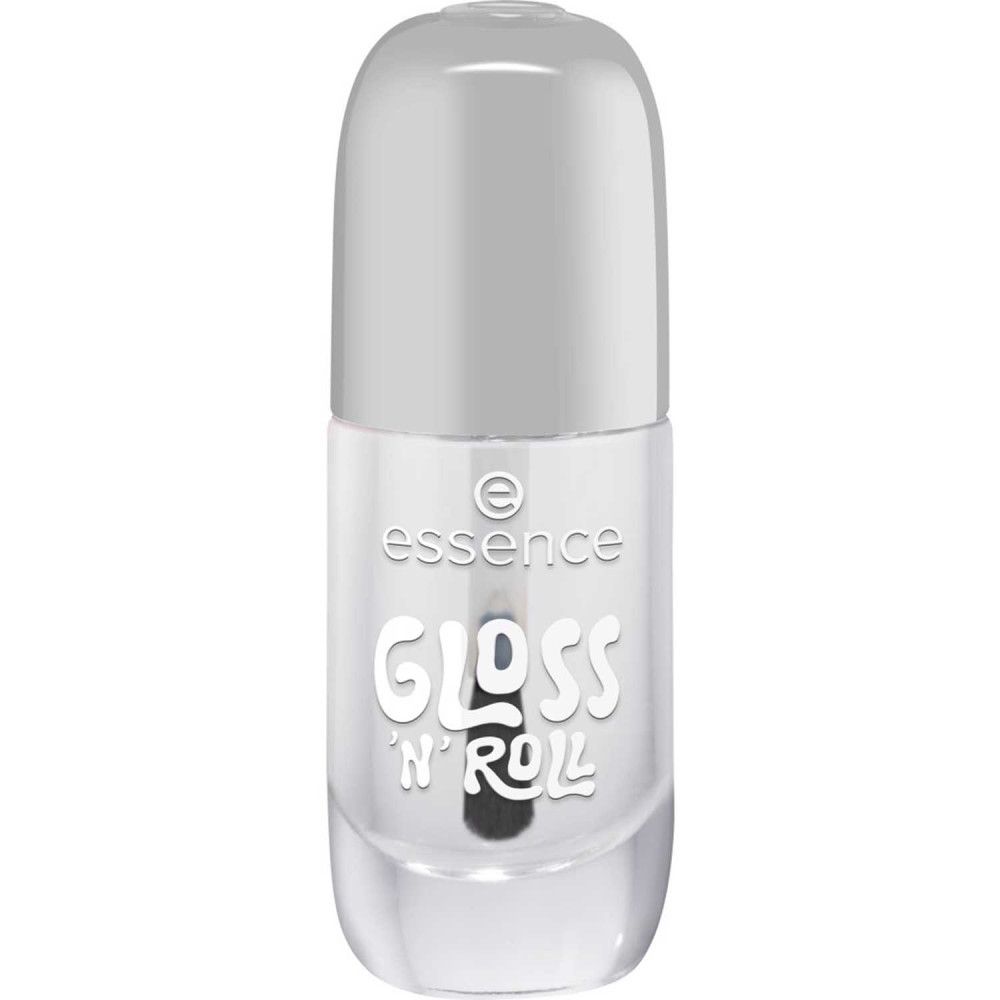 Transparante nagellakfles met dop. Opschrift "essence GLOSS 'N' ROLL".