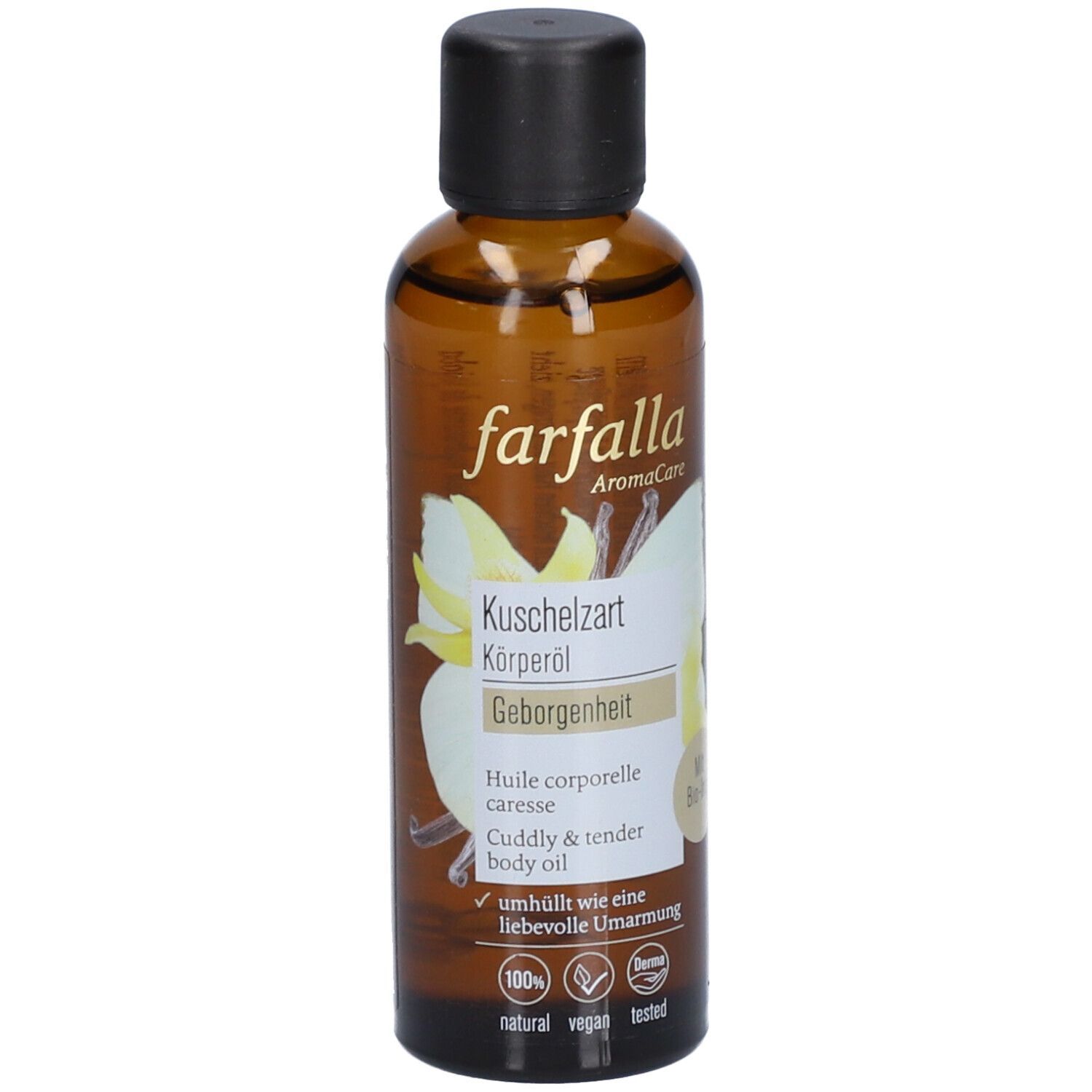Bruine glazen fles met zwarte dop. Opschrift: farfalla AromaCare, Kuschelzart Körperöl, Huile corporelle caresse, Cuddly & tender body oil.