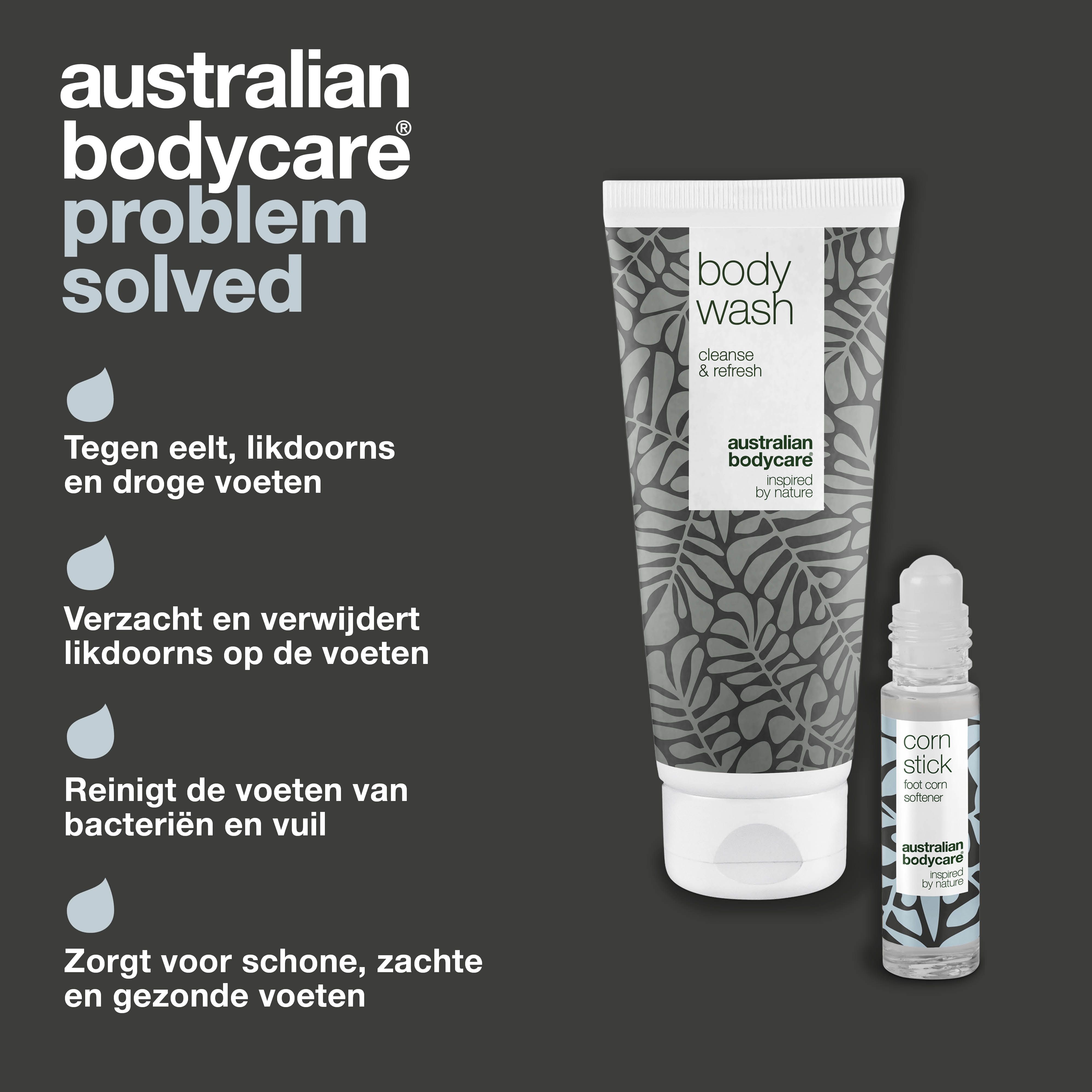 Tube, roll-on. Opschriften: Body Wash, Corn Stick. Merk: Australian Bodycare.