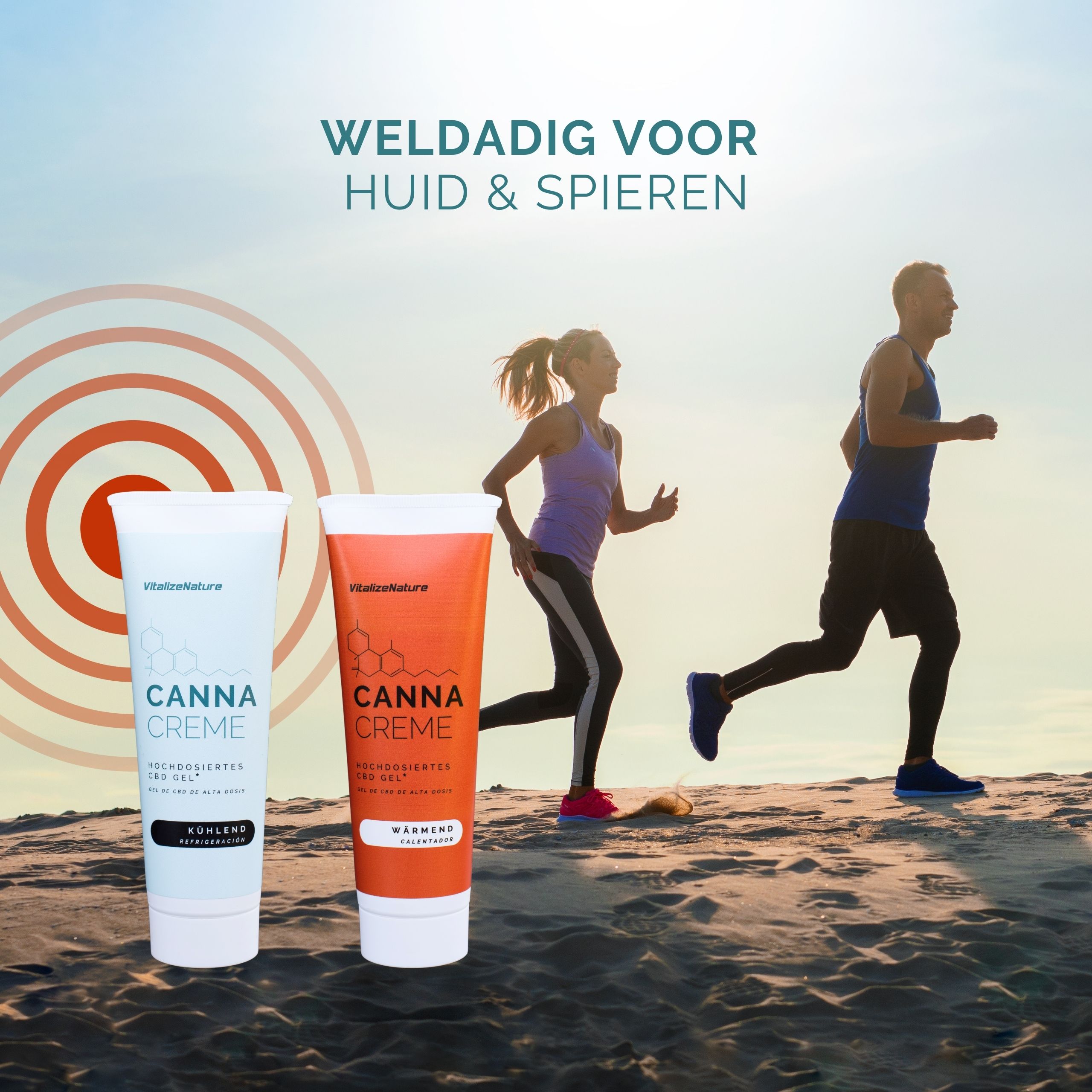 Twee personen joggen. Twee tubes Canna Creme. Tekst: Weldadig voor huid & spieren.