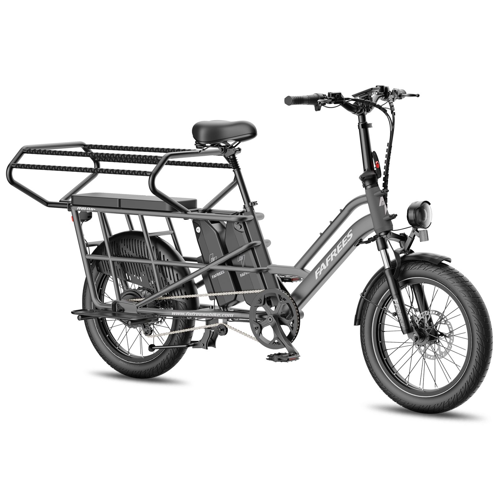 Grijze e-bike, vooraanzicht, met grote bagagedrager voor en twee accu's.