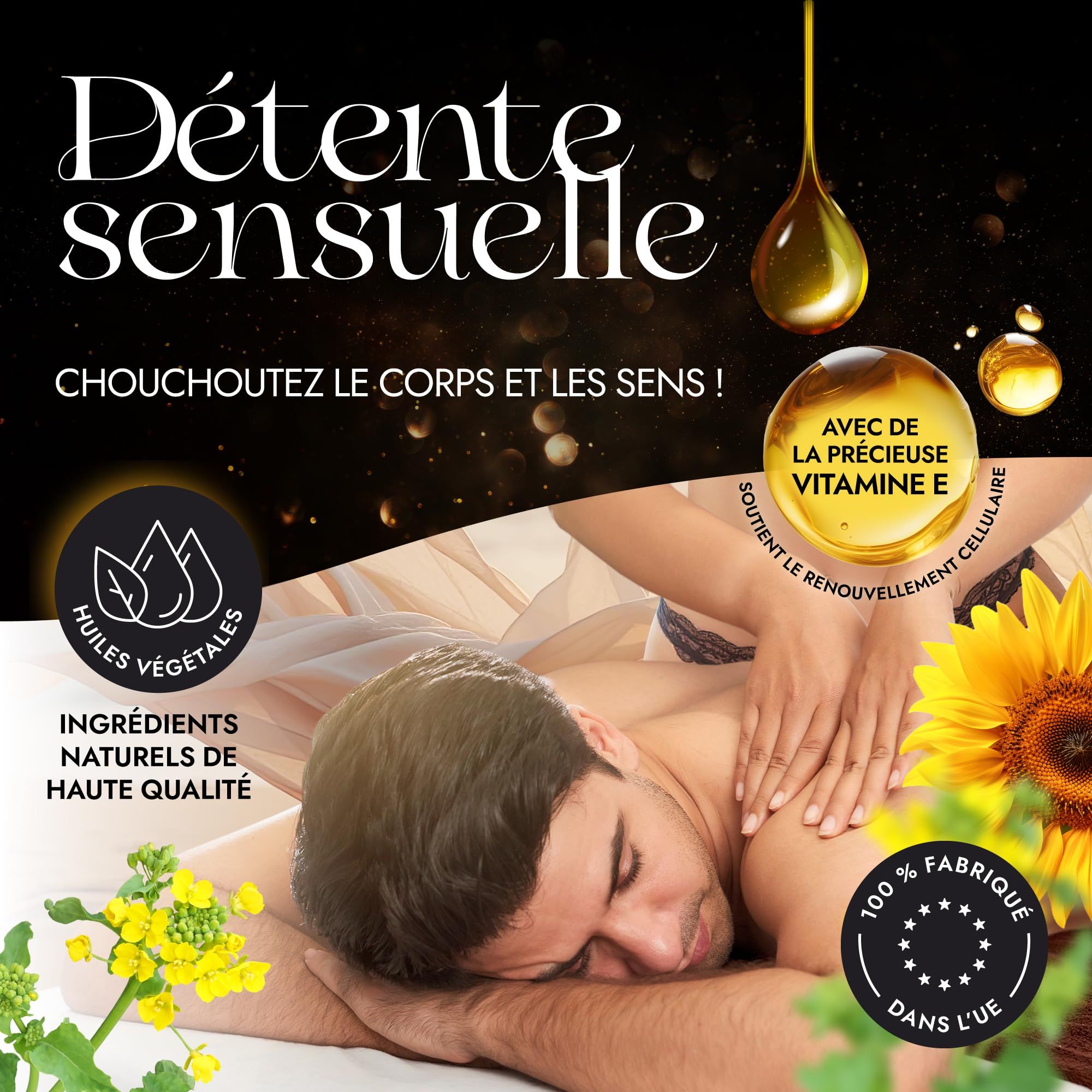 Homme en massage, avec huile goutte, tournesol et sceaux pour huiles végétales et fabrication UE.