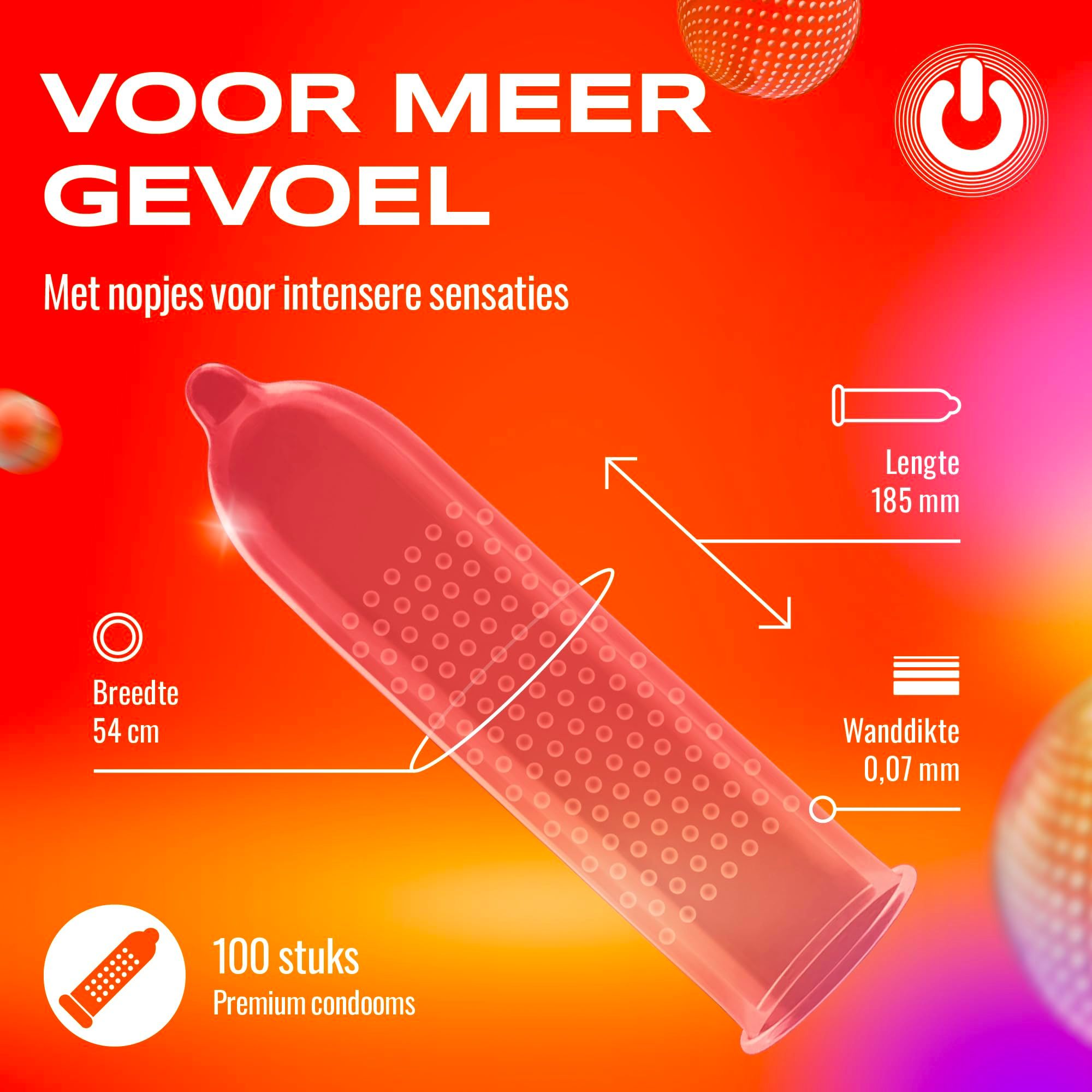 Condoom met nopjestextuur, 185 mm lengte, 54 mm breedte, 0,07 mm wanddikte.