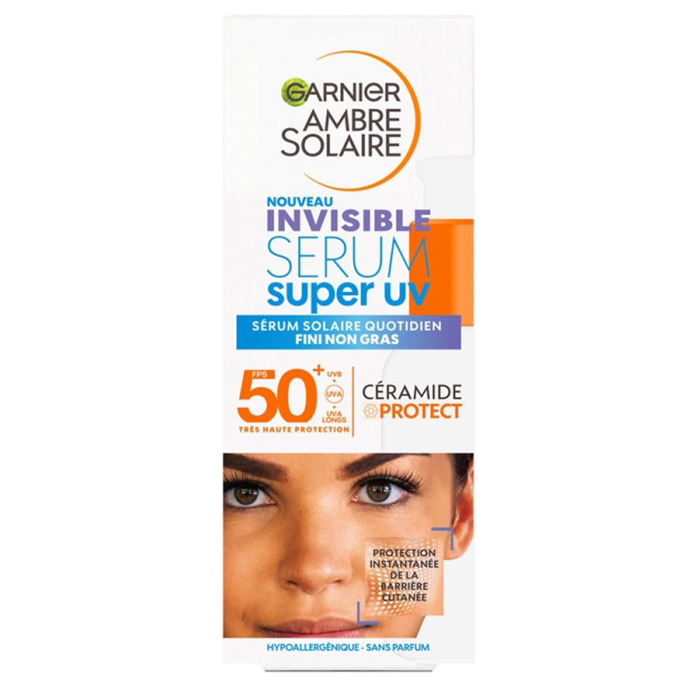 Garnier Ambre Solaire Serum LSF 50+ verpakking. Wit, met productinfo en gezicht.