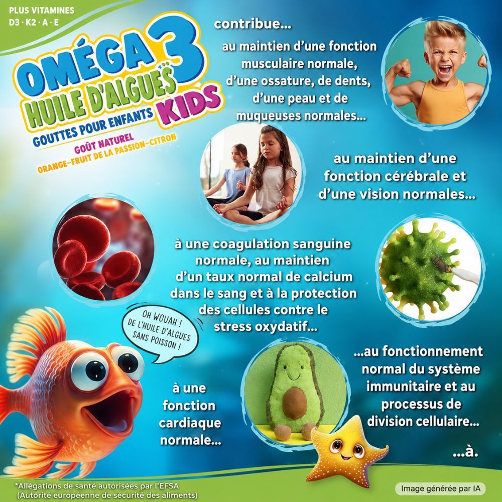 Infographie sur l'huile d'algues Oméga-3 pour enfants : muscles, os, peau, muqueuses, fonction cérébrale, vision, coagulation sanguine, calcium, système immunitaire, division cellulaire, fonction cardiaque.