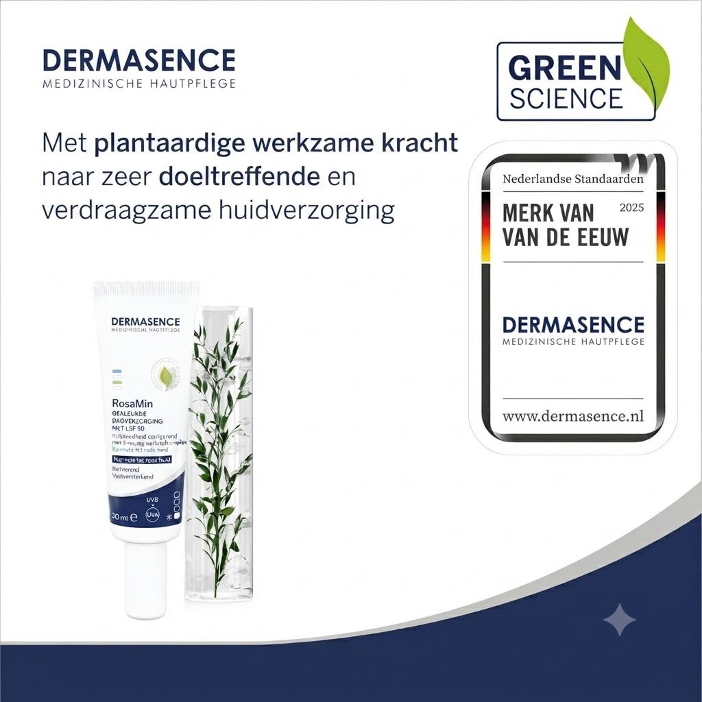 DERMASENCE huidverzorgingstube met RosaMin, SPF 50. Daarnaast een glazen fles met planten. Onderscheiding "Merk van de Eeuw 2025".