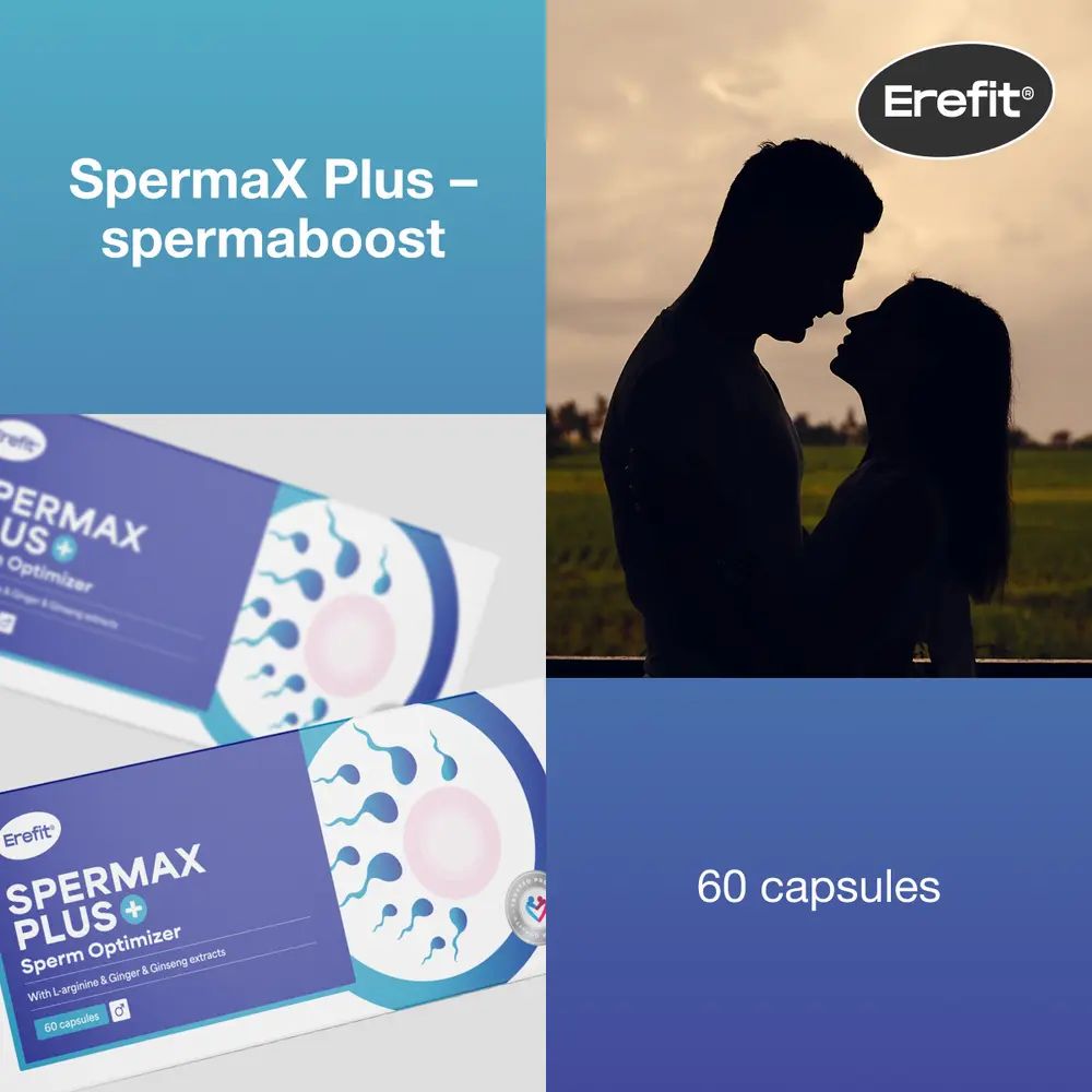 Erefit SpermaX Plus - spermaboost, 60 capsules. Koppel op achtergrond.