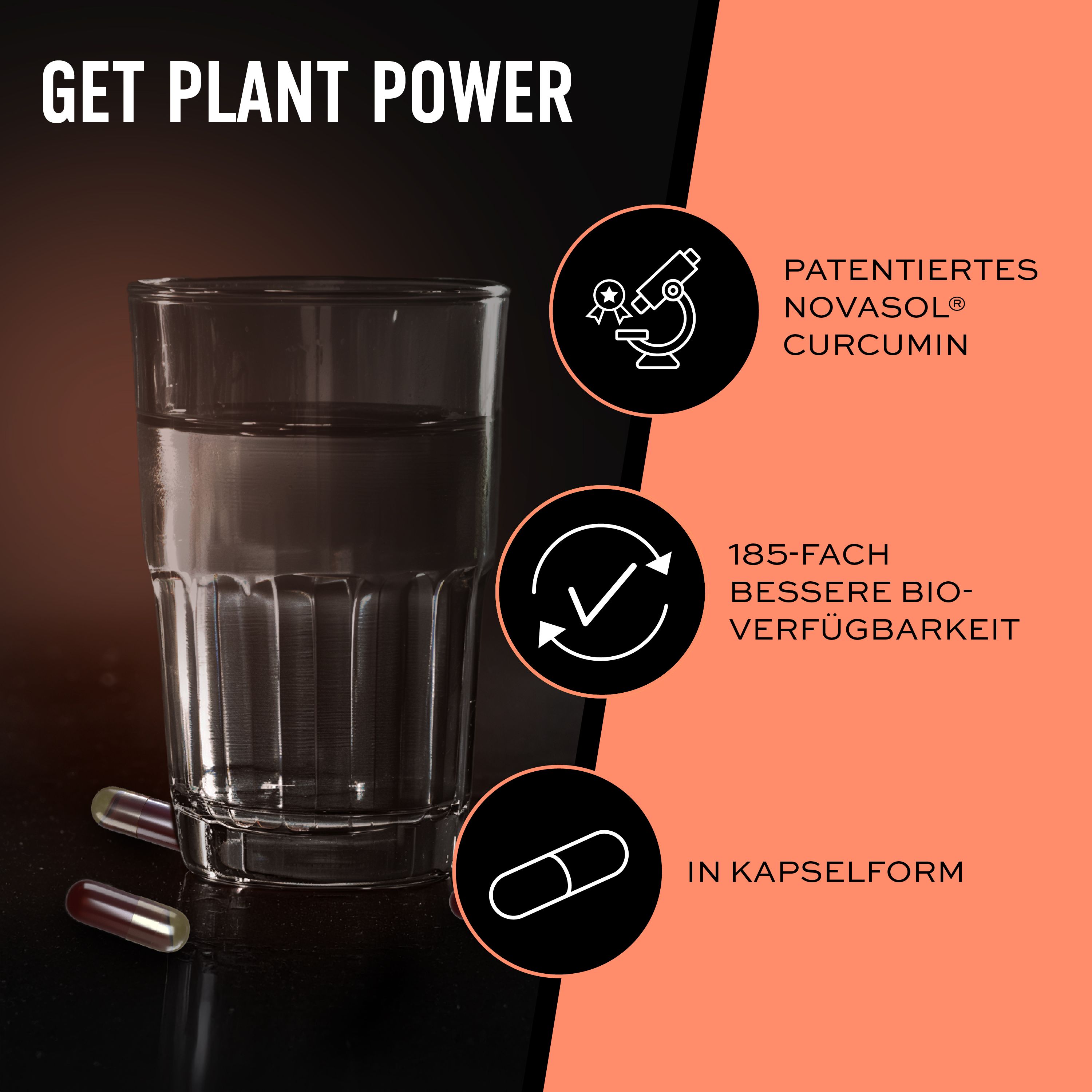 Glas water met capsules. Tekst: Gepatenteerde Novasol curcumine, 185x betere biologische beschikbaarheid, in capsulevorm.