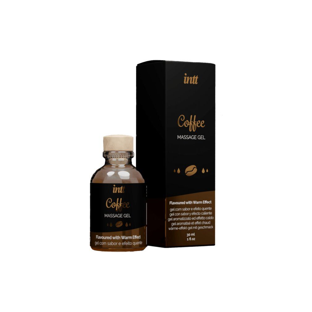 Bouteille et boîte de gel de massage Intt Coffee. Effet chauffant.