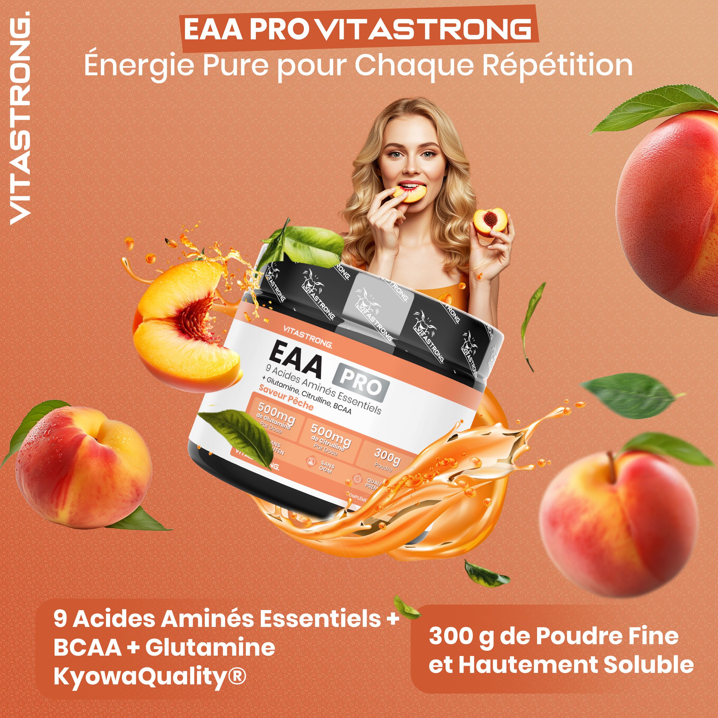 Pot Vitastrong EAA Pro, perziksmaak. 300g. Voedingswaarde-informatie. Tekst: EAA PRO. 9 aminozuren. Glutenvrij.