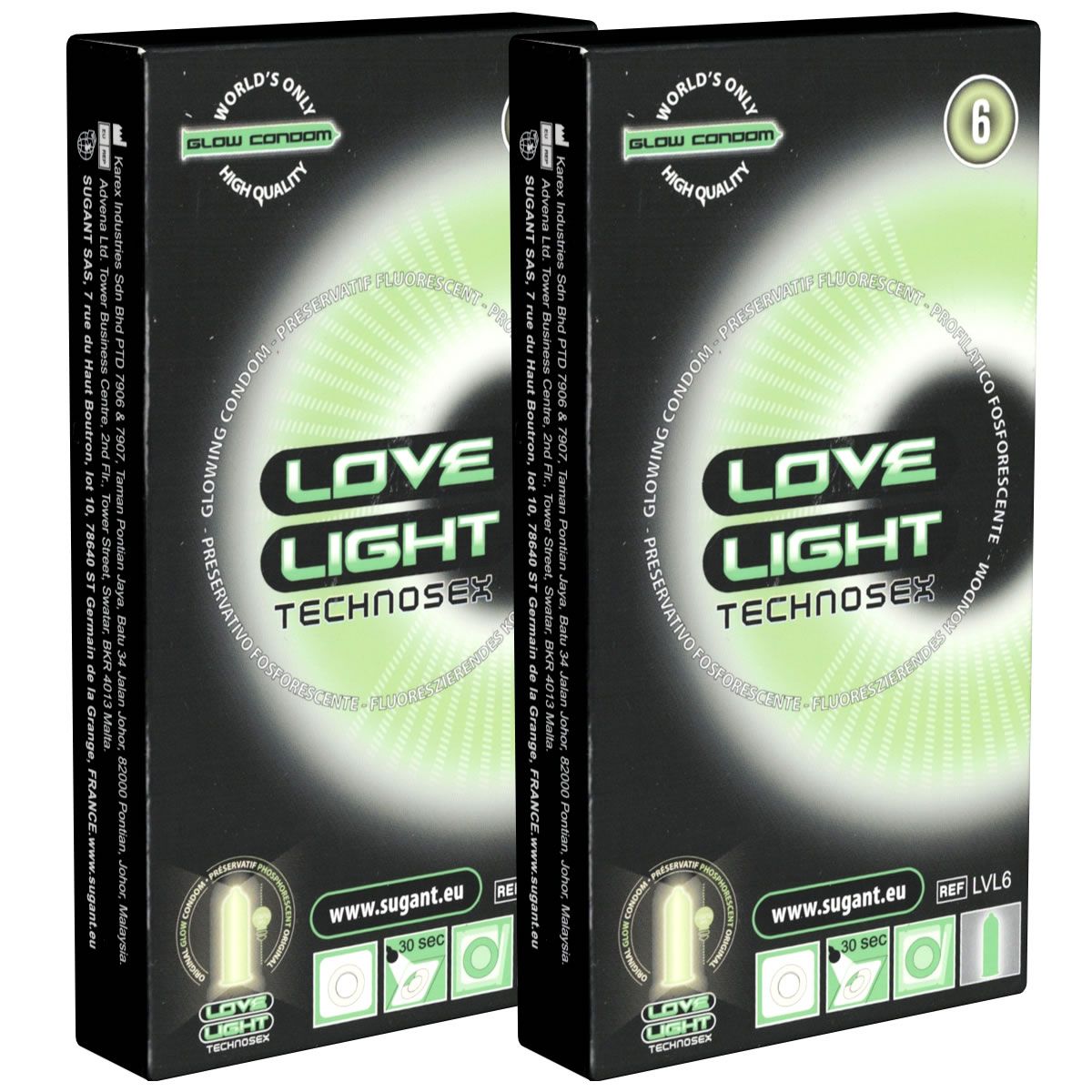 Twee dozen condooms. Opschrift LOVE LIGHT TECHNOSex. Groen oplichtend design. Tekst: GLOW CONDOM, www.sugant.eu.