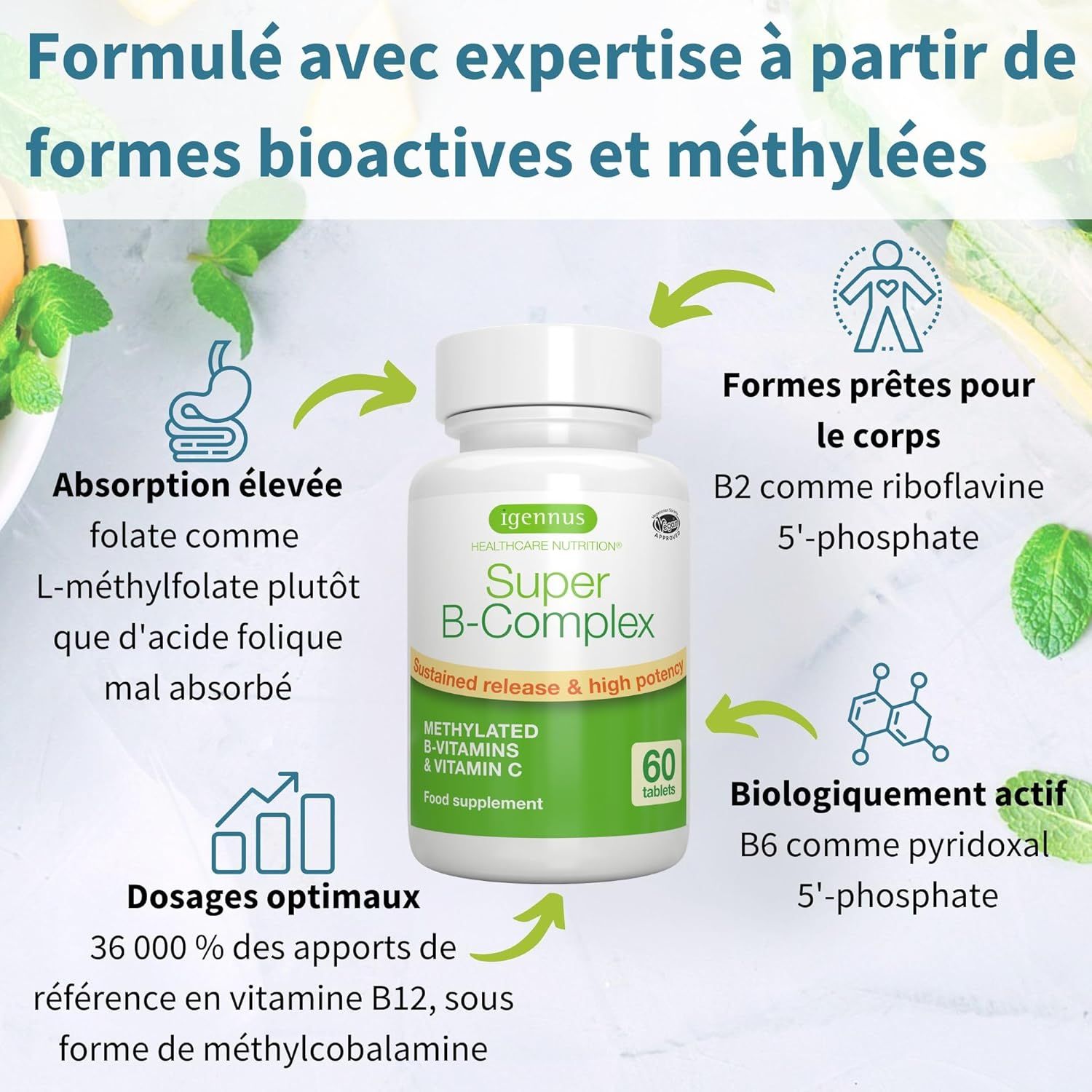 Flacon Igennus Super B-Komplex de 60 comprimés, avec graphiques.